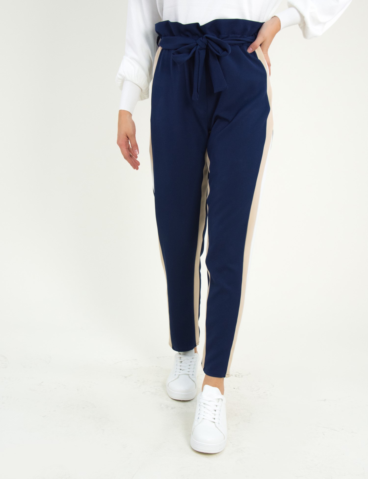 Γυναικείο μπλε υφασμάτινο παντελόνι με διπλές ρίγες 8309176C